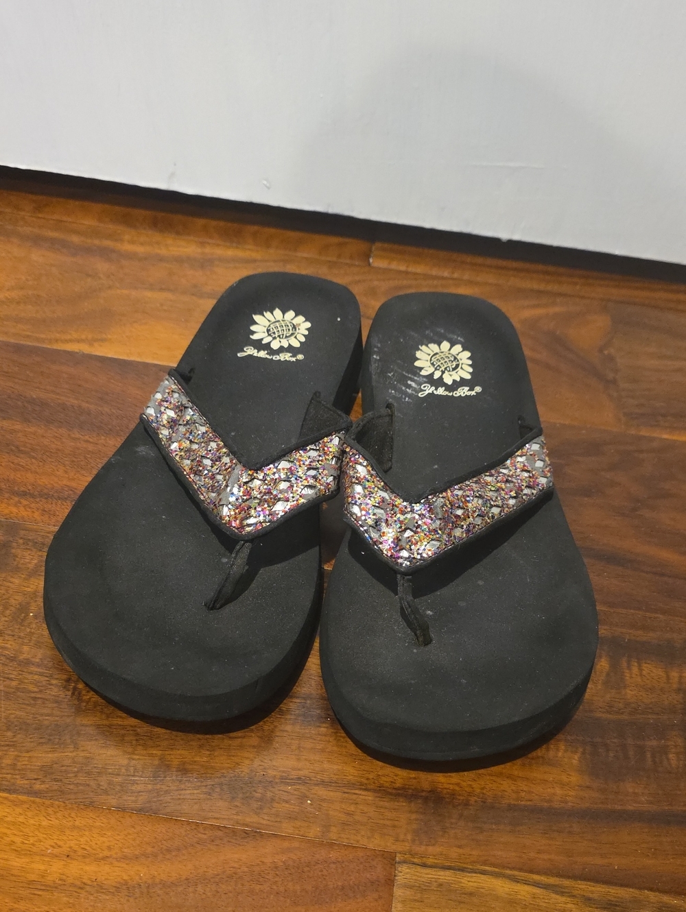 Yellow Box Black Sandal Flip-Flops with Multicolor Glitter Strap